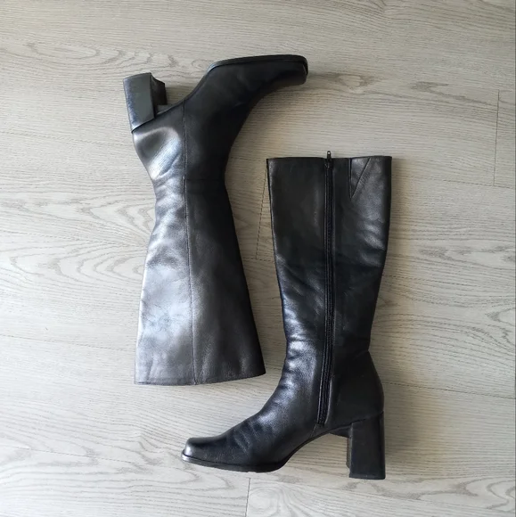 90's Nine West Vintage Y2K Square Toe High Black Leather Boots - Picture 8 of 16